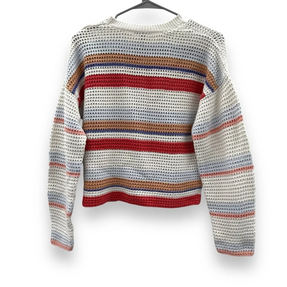 RTR Joie Diza White Multicolor Striped Open Knit‎ Long Sleeve Cropped Sweater L